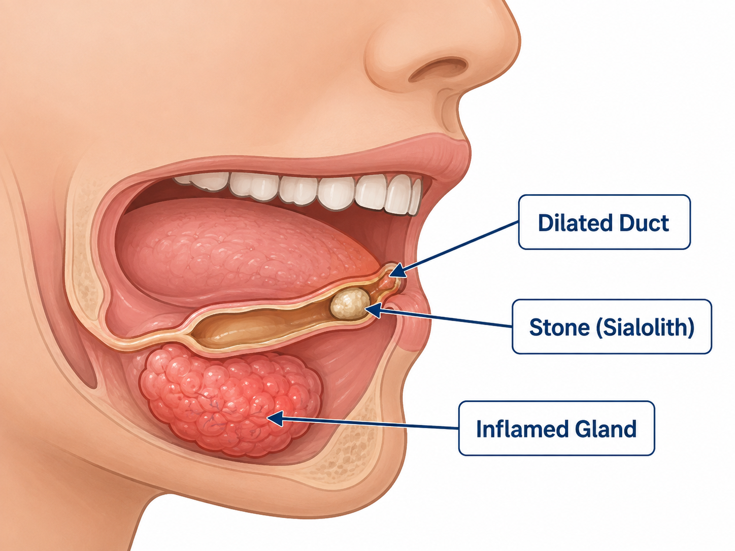 Dilated salivary duct with sialolith and inflamed gland